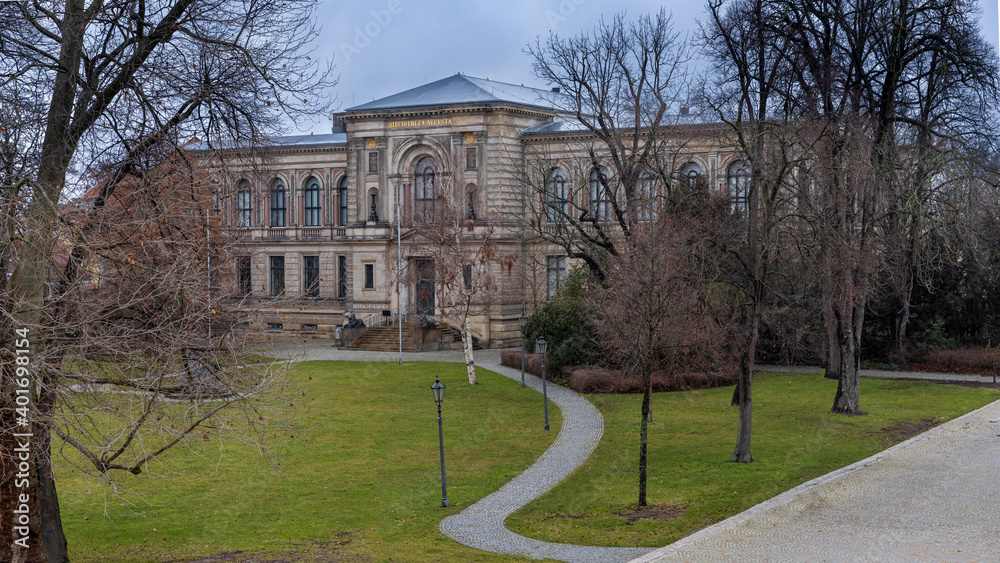 Historical library building near public park in Wolfenbüttel, Germany