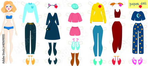 Cute  Girl Paper Doll with Set of Fashionable Clothes and Shoes  photo