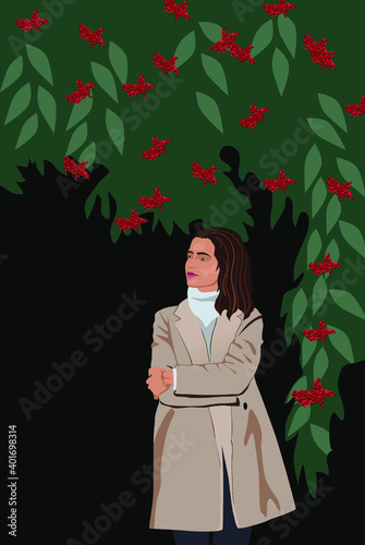 The thoughtful and beautiful girl is sitting under the tree. Vector illustration
