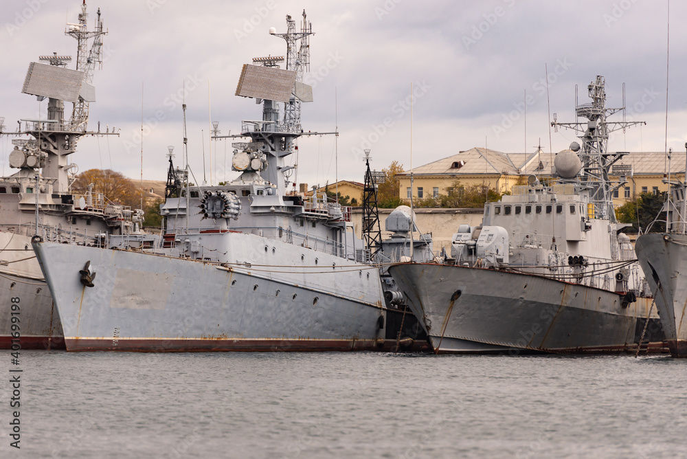 Russia. Sevastopol. December 2020. The arrested Ukrainian ships in Sevastopol. A number of old warships. Ukrainian ships in the Streletskaya Bay of Sevastopol.