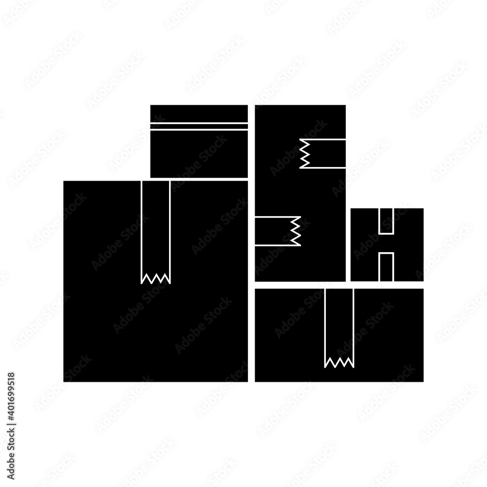 Silhouette of a set of boxes, delivery of goods or storage in a warehouse, symbol of a parcel or cargo packed in a cardboard box with ribbons Silhouette of a set of boxes, delivery of goods or storage in a warehouse, symbol of a parcel or cargo packed in a cardboard box with ribbons