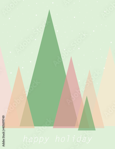 Merry Christmas and Happy New Year. Festive winter minimalist card with lettering, conifers and snow.
