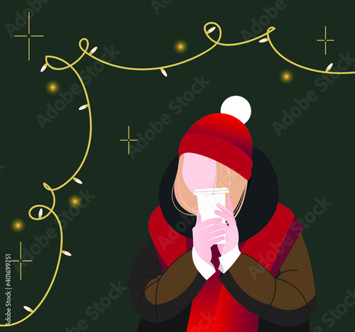 Merry Christmas and Happy New Year. Festive vector illustration of a girl in winter clothes drinking a hot drink. Christmas decor, garland, stars, glare, glow.