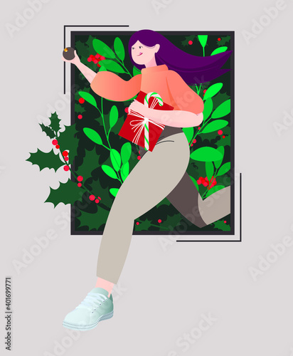 Vector winter illustration of a running girl carrying the Christmas spirit.
Open door with Christmas plants and decor, Christmas decorations, gifts. Happy winter holidays.