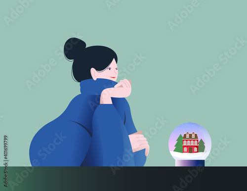 Vector winter illustration of a dreaming girl admiring a glass snow globe.
 A seated girl in a warm sweater admires a festive birthplace with a small world with a tall house, Christmas trees and snow.