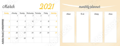 March 2021 Full Monthly Planner: March Calendar on the Left Side, and a Progress To Do List on the Right Side of the Page. Printable Vector Illustration Art.