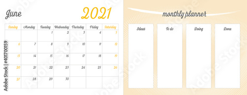 June 2021 Full Monthly Planner: June Calendar on the Left Side, and a Progress To Do List on the Right Side of the Page. Printable Vector Illustration Art.