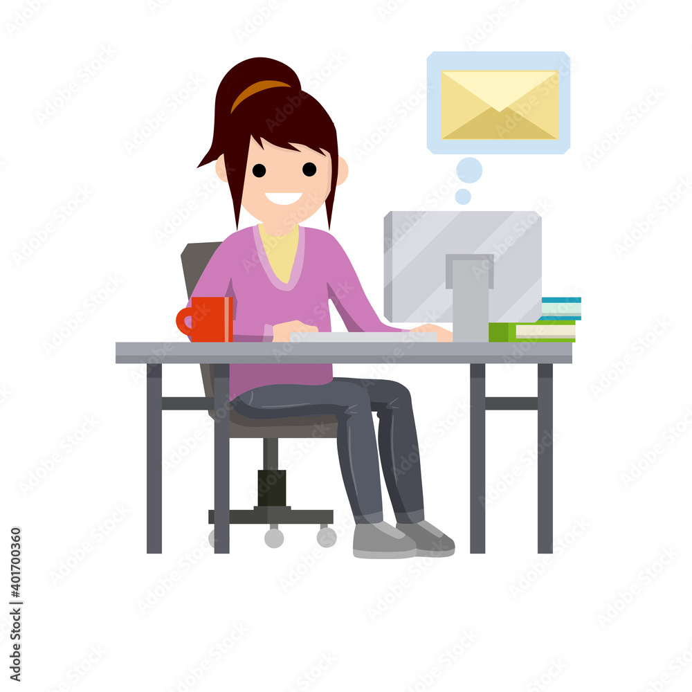 Young woman sit at table with computer and receives letter.
