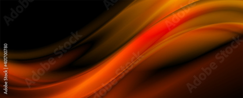 Dark glowing orange smooth blurred waves abstract background. Vector banner design