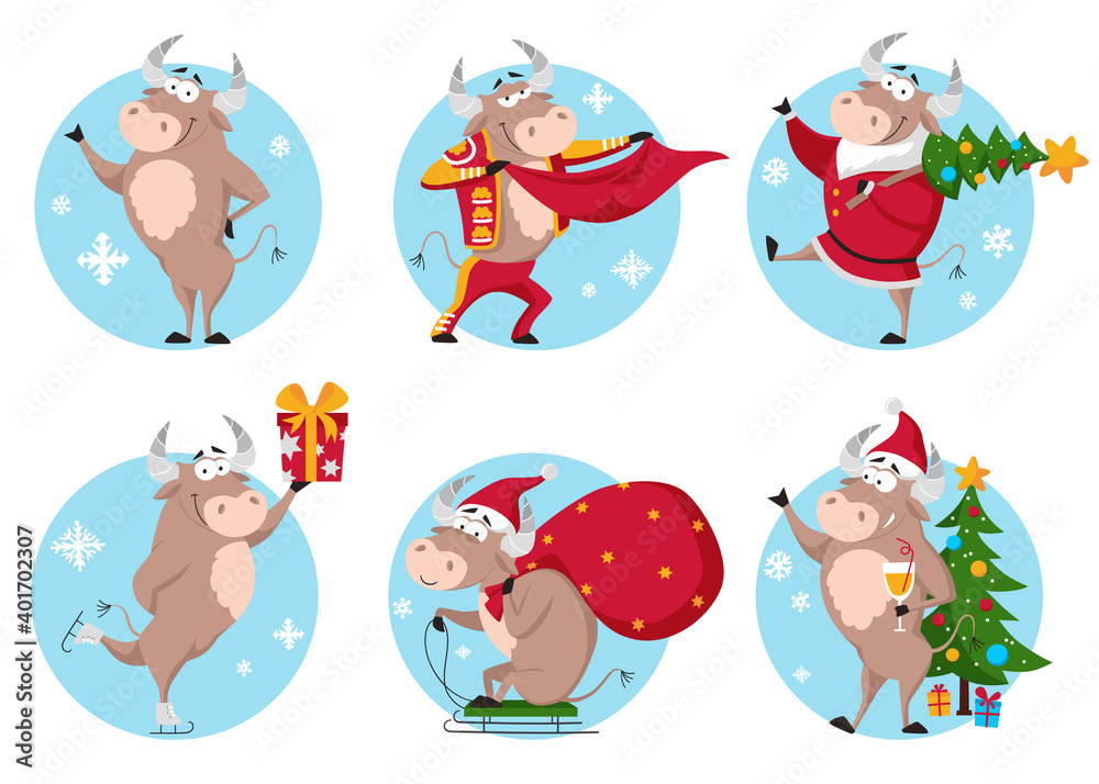 Naklejka premium Cute cartoon Christmas ox, cow, bull vector clipart. The symbol of Chinese year 2021. Happy New Year funny characters.