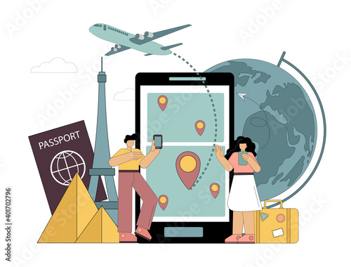 Travel planning using gadgets. Booking tickets. Leisure logistics. For web page, banner, presentation, social media, documents, postcards posters Vector illustration