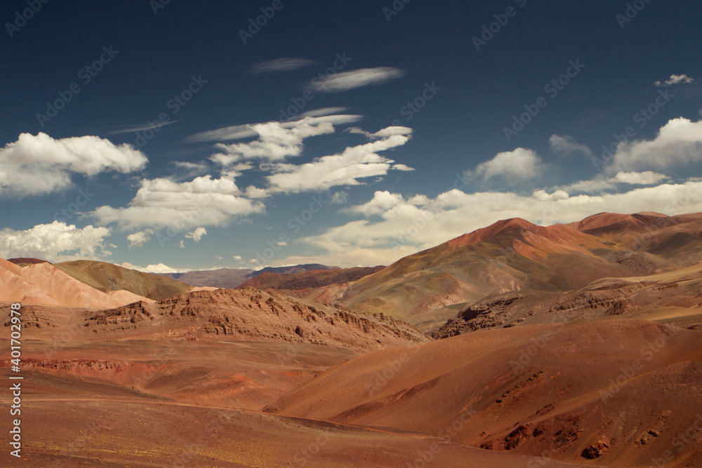 Desert landscape high in the Andes mountain range. View of the brown land and colorful mountains in Laguna Brava, La Rioja, Argentina.
