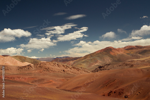 Desert landscape high in the Andes mountain range. View of the brown land and colorful mountains in Laguna Brava, La Rioja, Argentina.