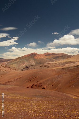 Unique arid landscape very high in the Andes cordillera. Beautiful view of the brown land, yellow grasses, valley and colorful mountains in Laguna Brava, La Rioja, Argentina.