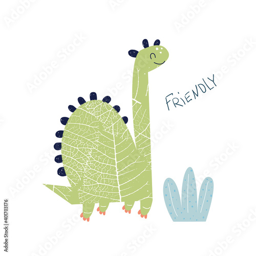 Funny big dinosaur. Kids summer print. Vector hand drawn illustration.
