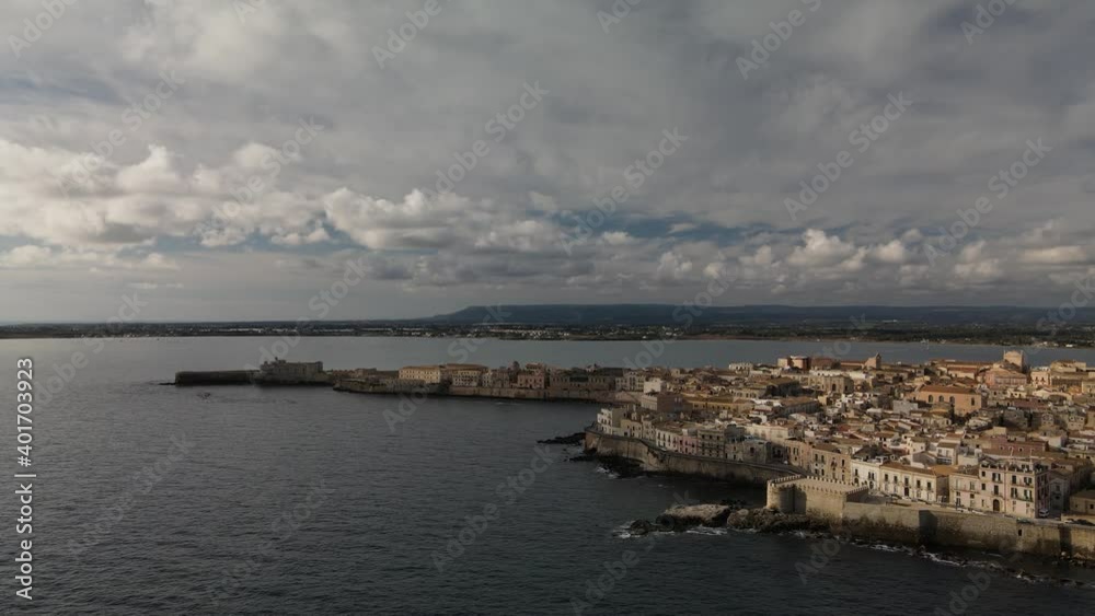 Ortigia (Ortygia) island at cloudy day from the height, in Siracusa (Syracuse) in Sicily Ortigia (Ortygia) island at cloudy day from the height, in Siracusa (Syracuse) in Sicily