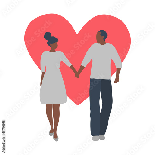 Valentine's day illustration. Couple is walking holding hands. Young black man and young black woman on a red heart background. Romantic greeting card. Vector illustration