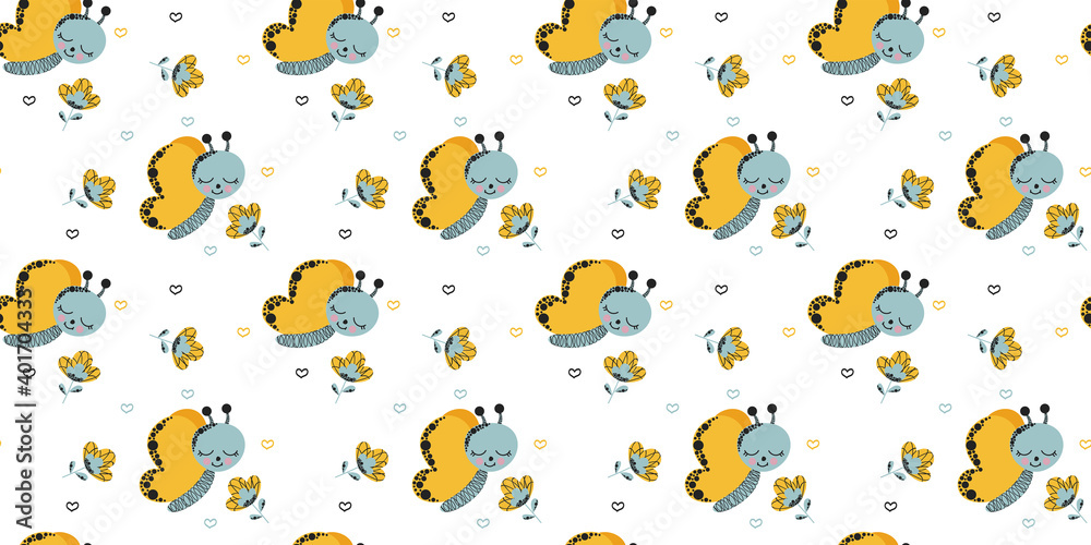 Seamless pattern of cute cartoon pretty butterflies, abstract flowers and doodles of hearts on a white background. Summer joyful childish endless texture for baby clothes, textile. Vector. Seamless pattern of cute cartoon pretty butterflies, abstract flowers and doodles of hearts on a white background. Summer joyful childish endless texture for baby clothes, textile. Vector.