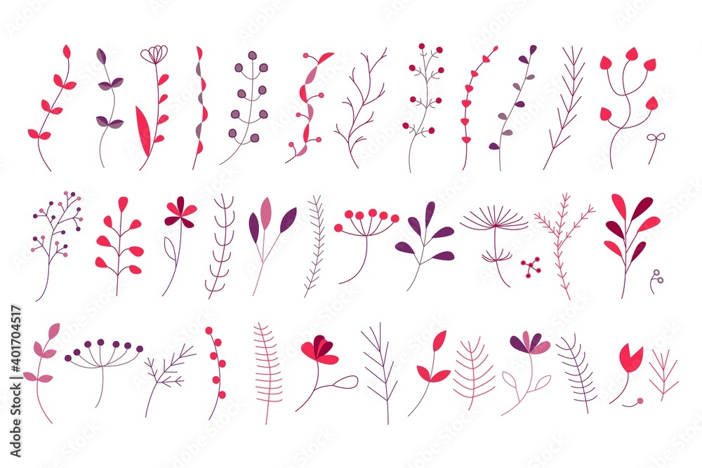 Set of floral elements. Editable stroke. Flower and leaves. Vector illustration for greeting card or invitation design. Set of floral elements. Editable stroke. Flower and leaves. Vector illustration for greeting card or invitation design.
