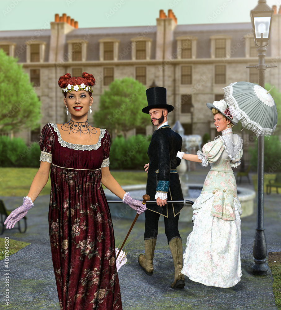 Obraz premium Victorian disloyal man with girlfriend looking at other woman