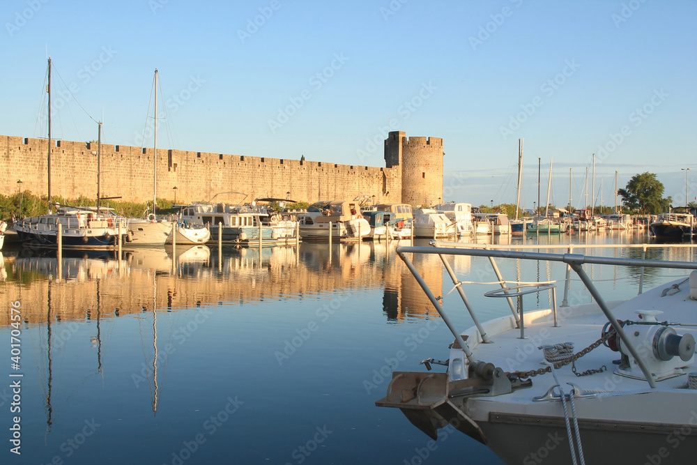 Medieval city of Aigues mortes, a resort on the coast of Occitanie region, Camargue, France
