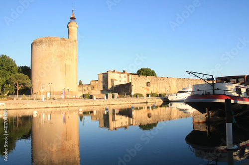 The Constance Tower and the medieval city of Aigues mortes, a resort on the coast of Occitanie region, Camargue, France

