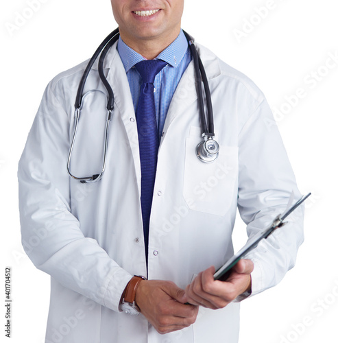 Male doctor standing with folder, isolated on white background