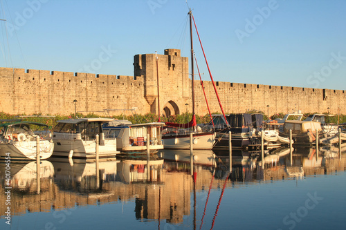 Medieval city of Aigues mortes, a resort on the coast of Occitanie region, Camargue, France
