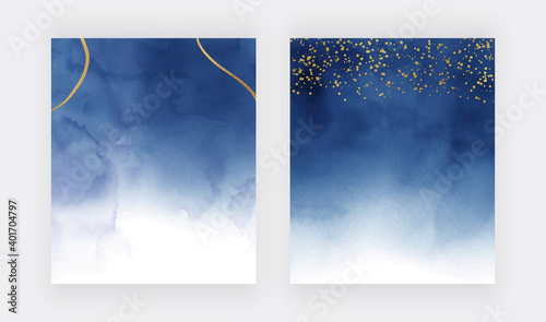 Navy blue watercolor texture with golden confetti and lines 