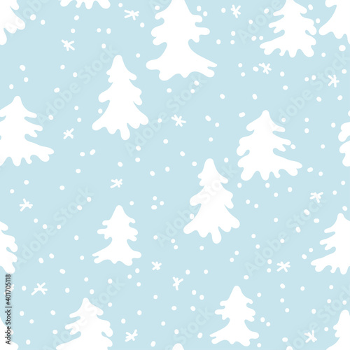 Seamless vector pattern with fir tree and snowfall for wallpaper, pattern fills, web page backgrounds, surface textures, gifts. Creative handmade textures for winter holidays, Christmas, New Year.