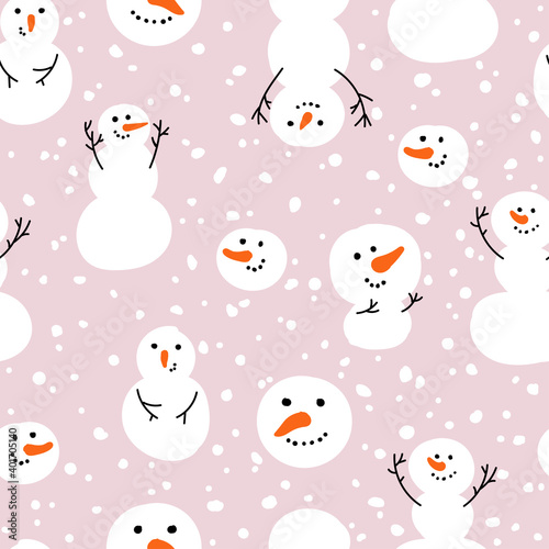 Vector seamless pattern with snowman, snow. Winter simple, stylish Scandinavian repeat texture for wrapping, web page background, Christmas, New Year greeting card, fabrics, home decor, scrapbooking