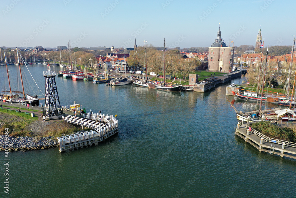 Obraz premium Overview drone photo of the harbor of historic Enkhuizen, in the Netherlands