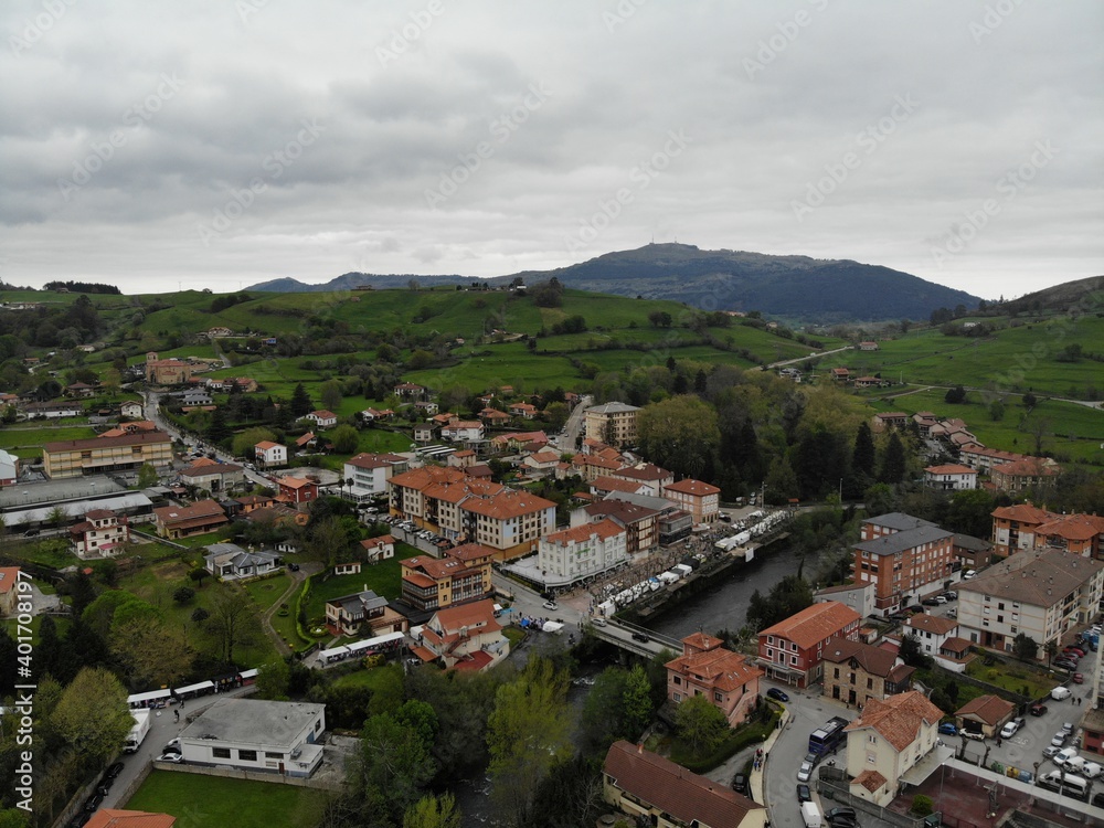 Aerial view of a mountain town in Cantabria