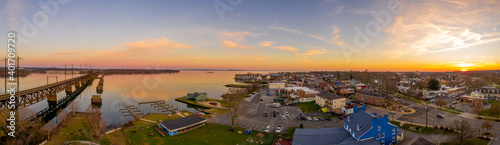 Aerial sunset panorama of Havre De Grace Harford County, Maryland, and the railroad bridge over the mouth of the Susquehanna River and the head of Chesapeake Bay one of the best American small towns photo