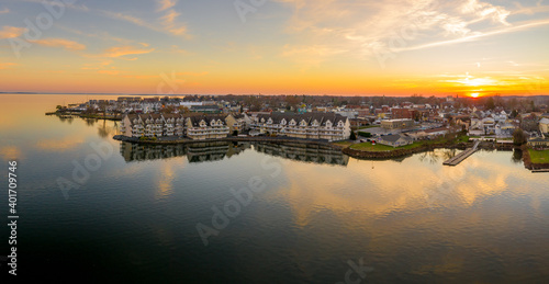Fotografie Aerial sunset panorama of Havre de Grace Maryland with orange sky and clouds ref