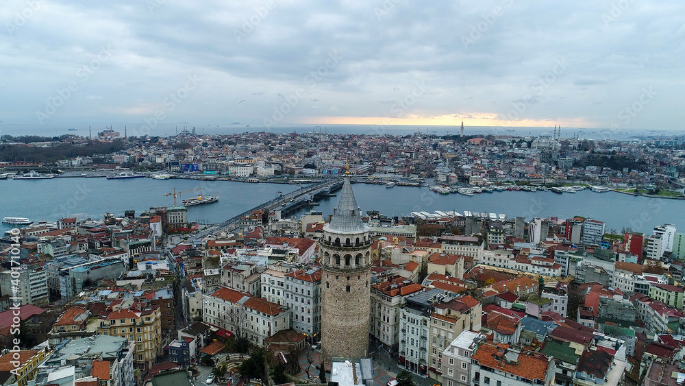 istanbul, galata tower, morning to day. Aerial view of Galata Tower vith Golden Horn