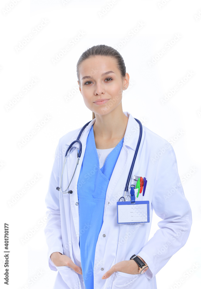 Beautiful young woman in white coat posing with hand in pocket. Woman doctor Beautiful young woman in white coat posing with hand in pocket. Woman doctor