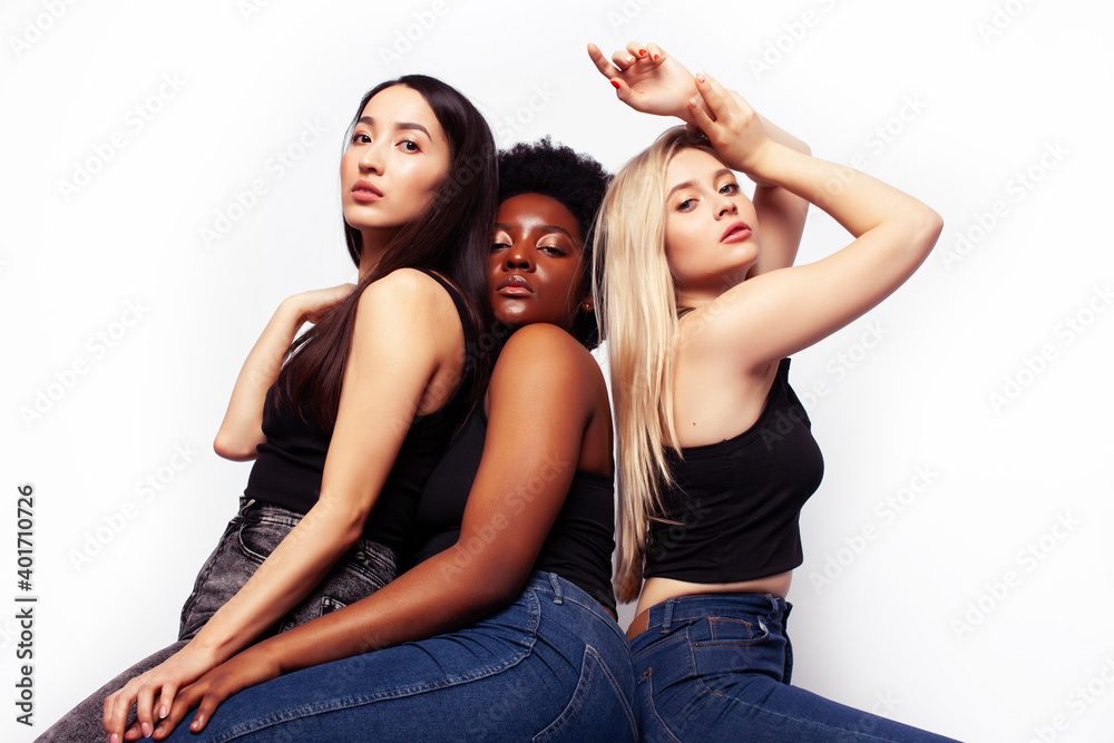 Fototapeta premium diverse multi nation girls group, teenage friends company cheerful having fun, happy smiling, cute posing isolated on white background, lifestyle people concept, african-american, asian and caucasian