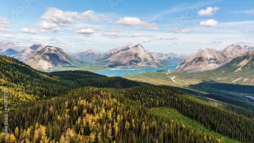 A view towards Spray Lakes Reservoir while hiking on Tent Ridge Horseshoe Trail in Kananaskis, Alberta, Canada photo