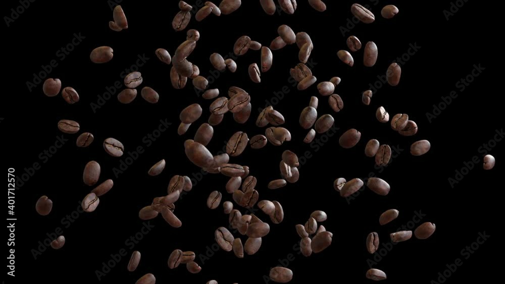3D animation of a coffee beans flow with alpha layer