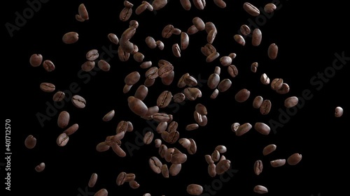 3D animation of a coffee beans flow with alpha layer