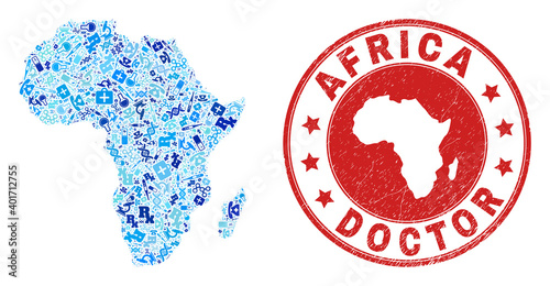 Vector mosaic Africa map with medical icons, first aid symbols, and grunge doctor rubber imitation. Red round seal with grunge rubber texture and Africa map caption and map.