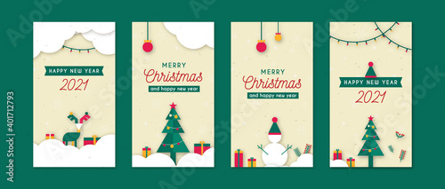 Merry Christmas greeting stories, cards. using for stores and brands. Happy new year geometric design. (for use in Shipping packages to customers) Vector