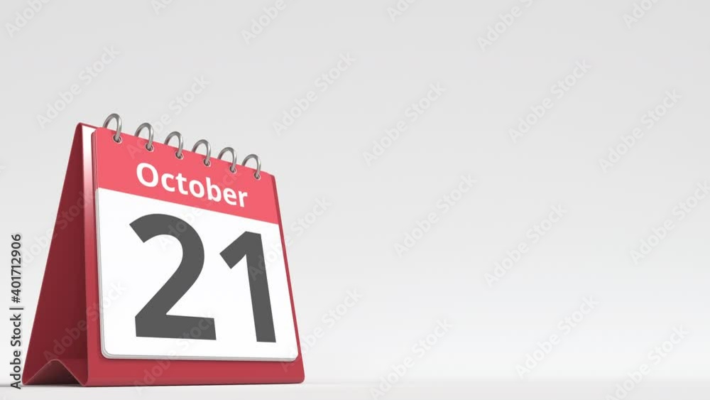 October 21 date on the flip desk calendar page, blank space for user text, 3d animation October 21 date on the flip desk calendar page, blank space for user text, 3d animation