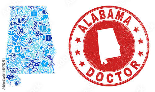 Vector mosaic Alabama State map with vaccine icons, analysis symbols, and grunge doctor rubber imitation. Red round watermark with grunge rubber texture and Alabama State map text and map.