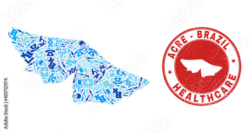 Vector collage Acre State map with treatment icons, labs symbols, and grunge health care watermark. Red round watermark with unclean rubber texture and Acre State map text and map.