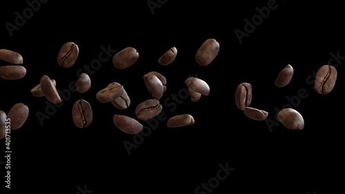 3D animation of a coffee beans flow with alpha layer