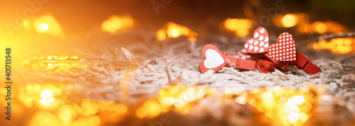 valentine's day concept, red hearts with garland, copy space photo