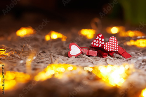 valentine's day concept, red hearts with garland, copy space