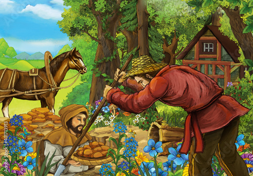 cartoon scene with farmers in the forest near home - illustration